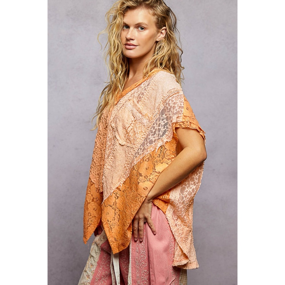 POL Orange Lace Patchwork Knit Top | Oversized V Neck Short Sleeve - Picture 4 of 7